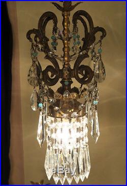 1 Vintage Ceiling lamp beaded ROCOCO chandelier Brass spelter hanging Opaline