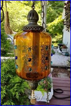 1 Vintage Mid Century Amber Glass Hanging Swag Lamp-Jeweled Moroccan Look