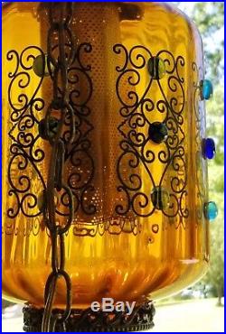 1 Vintage Mid Century Amber Glass Hanging Swag Lamp-Jeweled Moroccan Look