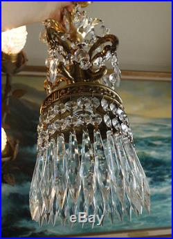 1 of 4 Vintage ROCOCO hanging Spelter brass plt Lamp Crystal pendant Chandelier