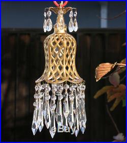 1o2 Gothic filigree metal lamp Vintage chandelier brass tole hanging light prism
