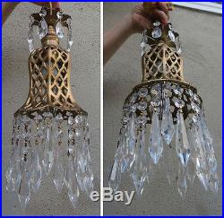 1o2 Gothic filigree metal lamp Vintage chandelier brass tole hanging light prism