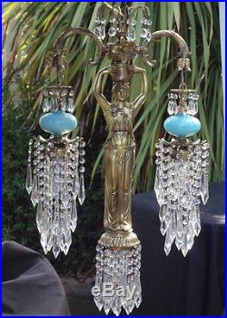 1o2 Vintage Spelter brass hanging lamp Lady Chandelier Aqua glass Victorian Insp