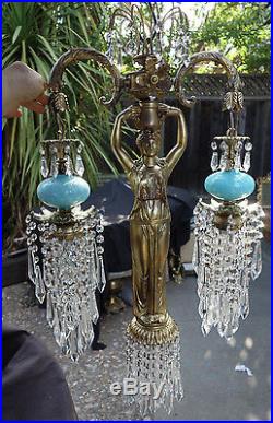 1o2 Vintage Spelter brass hanging lamp Lady Chandelier Aqua glass Victorian Insp