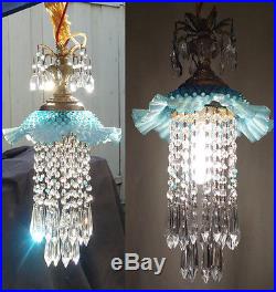 1o3 Vintage Fenton AQUA Jelly Fish Glass hanging brass tole SWAG Lamp chandelier