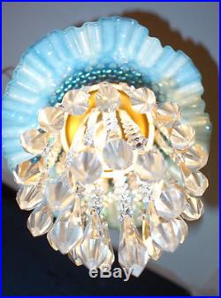 1o3 Vintage Fenton AQUA Jelly Fish Glass hanging brass tole SWAG Lamp chandelier 