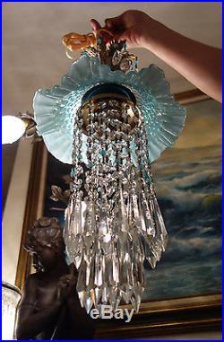 1o3 Vintage Fenton AQUA Jelly Fish Glass hanging brass tole SWAG Lamp chandelier