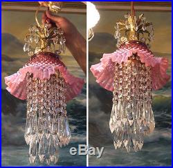 1o3 Vintage Fenton Cranberry Jelly Fish Glass hanging brass SWAG Lamp chandelier