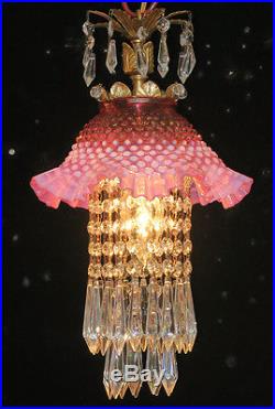 1o3 Vintage Fenton Cranberry Jelly Fish Glass hanging brass SWAG Lamp chandelier