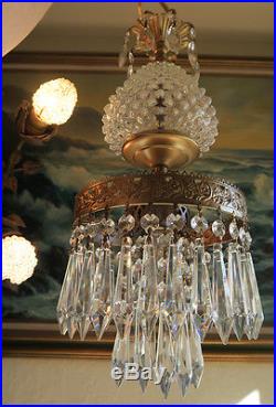 1o3 Vintage hanging Swag brass tole Fenton opalescent Hobnail Glass Crystal Lamp