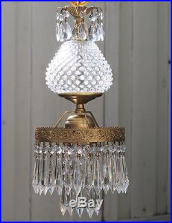 1o3 Vintage hanging Swag brass tole Fenton opalescent Hobnail Glass Crystal Lamp