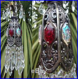 1o5 Ruby AB SWAG jeweled filigree hanging lamp Vintage chandelier Hollywood old