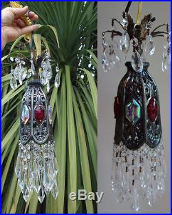 1o5 Ruby AB SWAG jeweled filigree hanging lamp Vintage chandelier Hollywood old