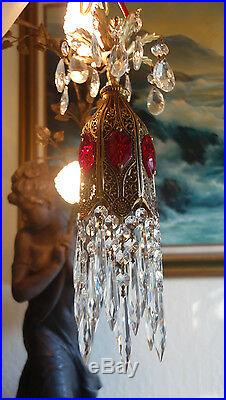 1o5 Ruby SWAG jeweled Tulip filigree hanging Crystal lamp Vintage chandelier