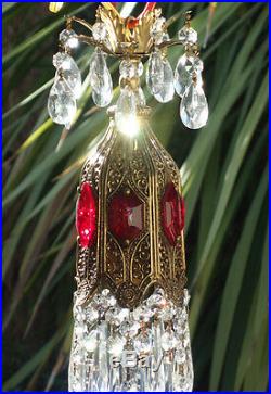1o5 Ruby SWAG jeweled Tulip filigree hanging Crystal lamp Vintage chandelier