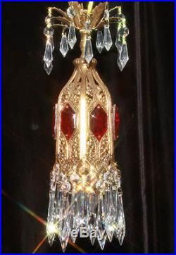 1o5 Ruby SWAG jeweled Tulip lily filigree hanging Crystal lamp Vintage chandelie