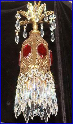 1o5 Ruby SWAG jeweled Tulip lily filigree hanging Crystal lamp Vintage chandelie