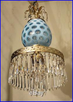 1of2 Vintage Fenton Sky Bue opalescent Brass Glass hanging Lamp Chandelier coin