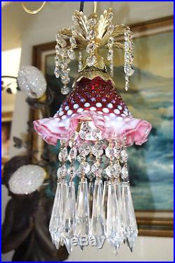1of2 Vintage SWAG Fenton cranberry Jelly Fish ins Glass hanging brass Lamp