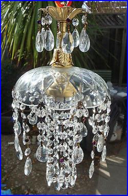 1of2 purple beaded SWAG hanging Jelly Fish vintage Lamp Chandelier brass crystal