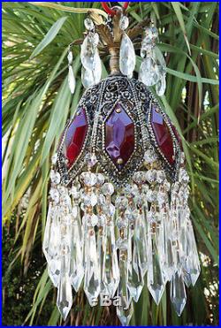 1of3 Royal Ruby Jeweled lily filigree hanging Crystal lamp Vintage chandelier