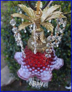 1of3 Vintage Fenton cranberry Jelly Fish ins Glass hanging brass Lamp w canopy