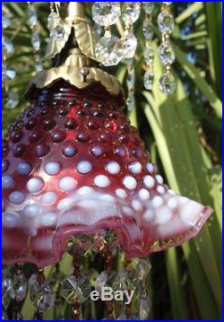 1of3 Vintage Fenton cranberry Jelly Fish ins Glass hanging brass Lamp w canopy