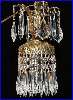 1of4 Vintage brass plated Swag plugin crown leaf hanging Lamp Crystal chandelier