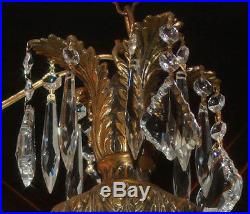 1of4 Vintage brass plated Swag plugin crown leaf hanging Lamp Crystal chandelier