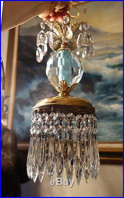 1of4 Vintage lantern crystal globe Icy Blue Brass hanging lamp chandelier prisms