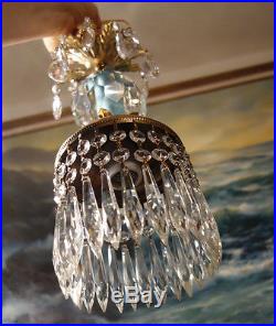 1of4 Vintage lantern crystal globe Icy Blue Brass hanging lamp chandelier prisms