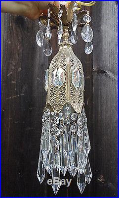 1of4 mini AB jeweled Tulip lily filigree hanging Crystal lamp chandelier Vintage