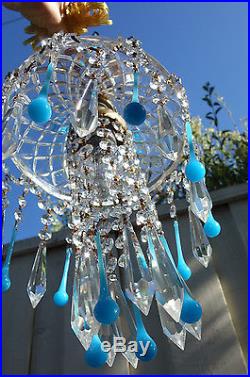 1of5 Opaline Aqua Blue SWAG hanging Jelly Fish insp vintage Lamp brass crystal