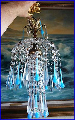 1of5 Opaline Aqua Blue SWAG hanging Jelly Fish insp vintage Lamp brass crystal