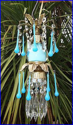 1of5 Opaline prism Vintage Icy Blue Turquoise tole Brass hanging lamp chandelier
