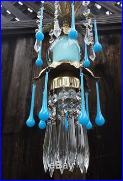 1of5 Opaline prism Vintage Icy Blue Turquoise tole Brass hanging lamp chandelier