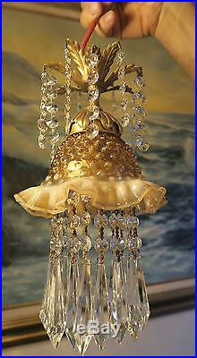 1of5 Vintage Fenton Peach Jelly Fish Glass SWAG plugin hanging brass TOLE Lamp