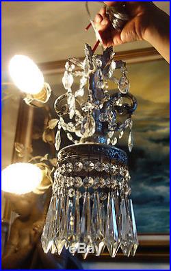 1of5 Vintage ROCOCO Silver pewter tone Spelter Lamp Crystal Chandelier hanging