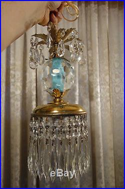 1of5 Vintage Swag crystal cut Blue Crystal Brass hanging lamp chandelier prisms