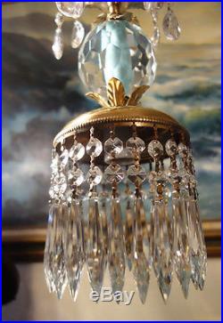 1of5 Vintage Swag crystal globe Icy Blue Brass hanging lamp chandelier prisms