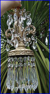 1of5 Vintage baroque ornate hanging Spelter brass plt Lamp Crystal Chandelier