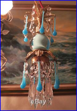 1of7 Opaline prism Vintage Turquoise spelter tole Brass hanging lamp chandelier