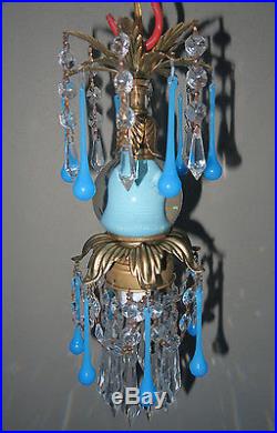 1of7 Opaline prism Vintage Turquoise spelter tole Brass hanging lamp chandelier