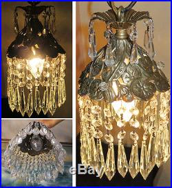 1of7 SWAG Lamp hanging Spelter Pond Lily crystal chandelier Vintage Hollywood