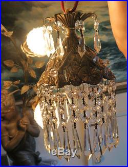 1of7 SWAG Lamp hanging Spelter Pond Lily crystal chandelier Vintage Hollywood