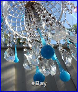 1of8 Opaline Aqua glass SWAG hanging Jelly Fish insp vintage Lamp brass crystal