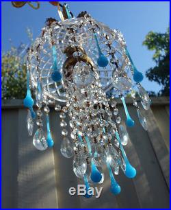 1of8 Opaline Aqua glass SWAG hanging Jelly Fish insp vintage Lamp brass crystal