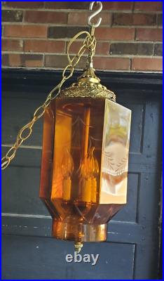 20 Amber Etched GLASS MCM SWAG Light Lamp Hanging Vintage Fixture 1960's