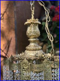 28 Vintage Brass Crystal Ornate Hollywood Regency Hanging Lamp Light