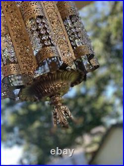 28 Vintage Brass Crystal Ornate Hollywood Regency Hanging Lamp Light